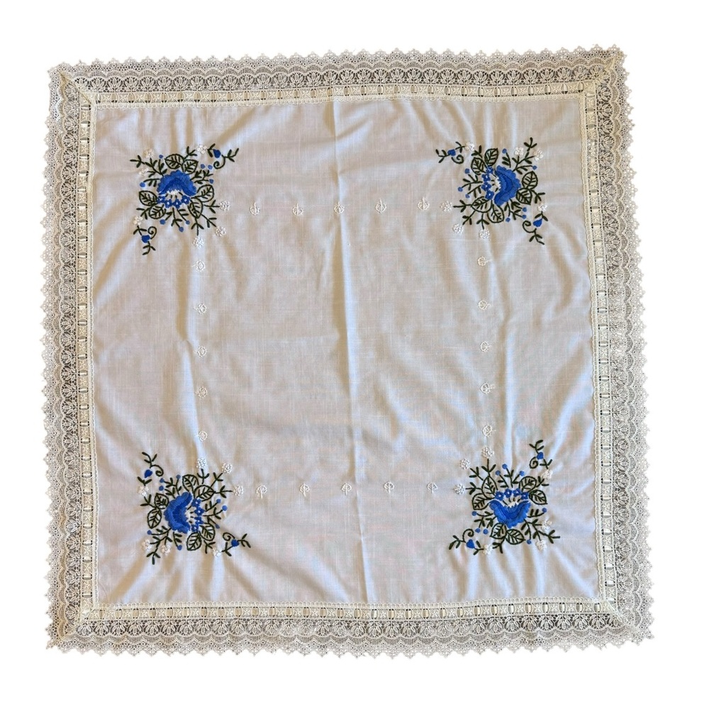 Handmade antique vintage embroidered tablecloth with lace & ribbon trim